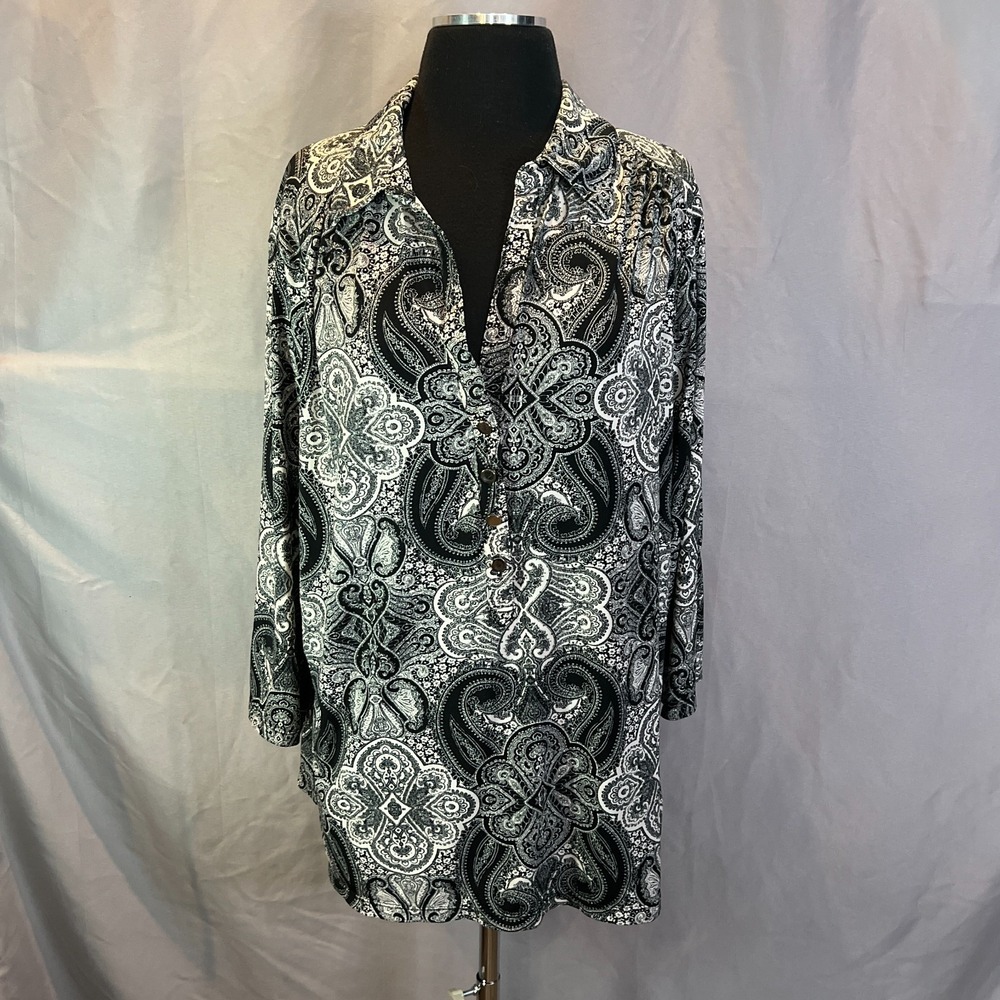 Alfani Blouse Top Womens 3X Multi Paisley Print Stretch Long Sleeve Button Front